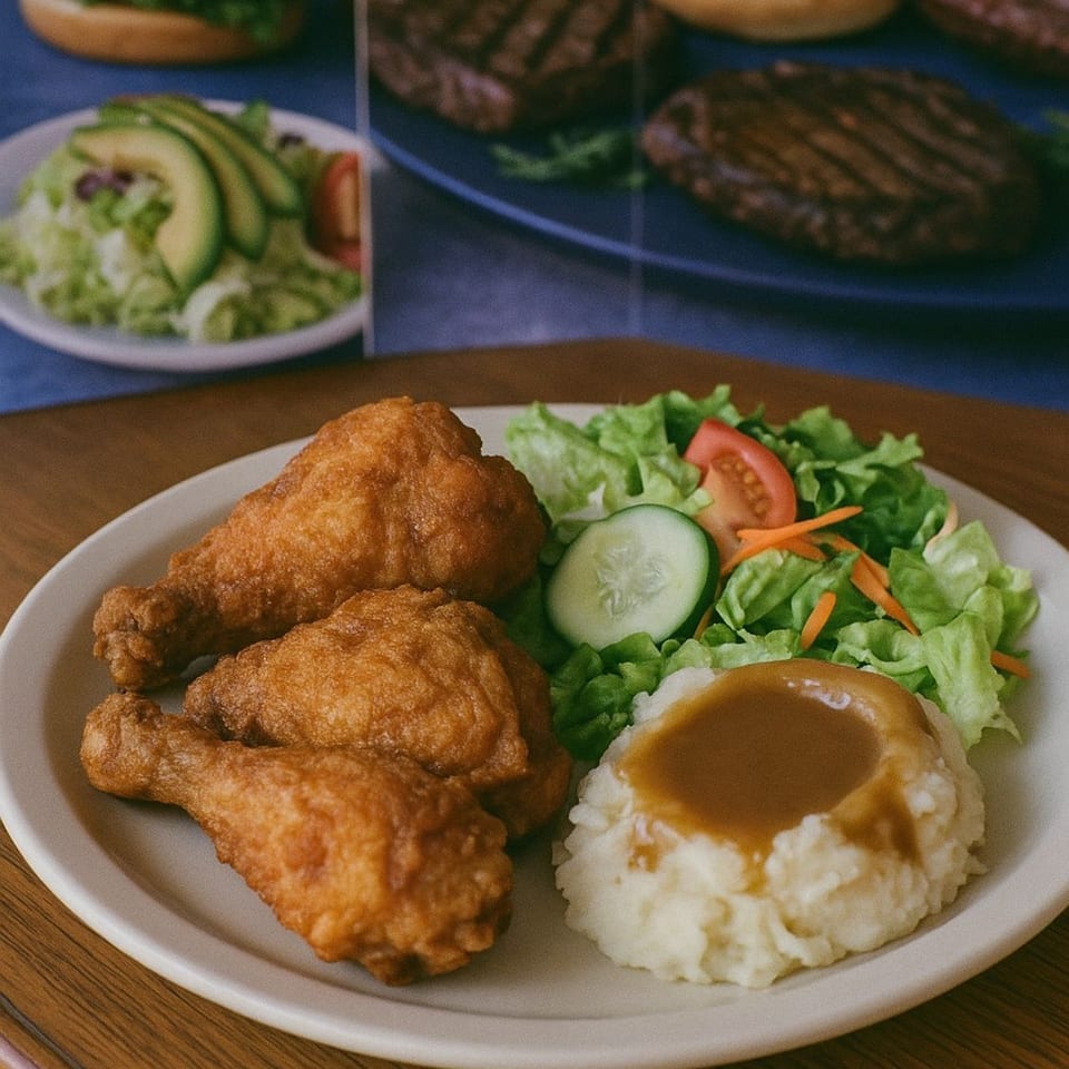 Manor on Main fried chicken drumsticks with mashed potatoes, gravy, and a side salad.