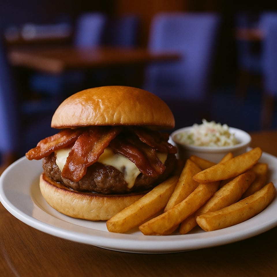 Manor on Main's bacon cheeseburger with fries and coleslaw on a white plate.