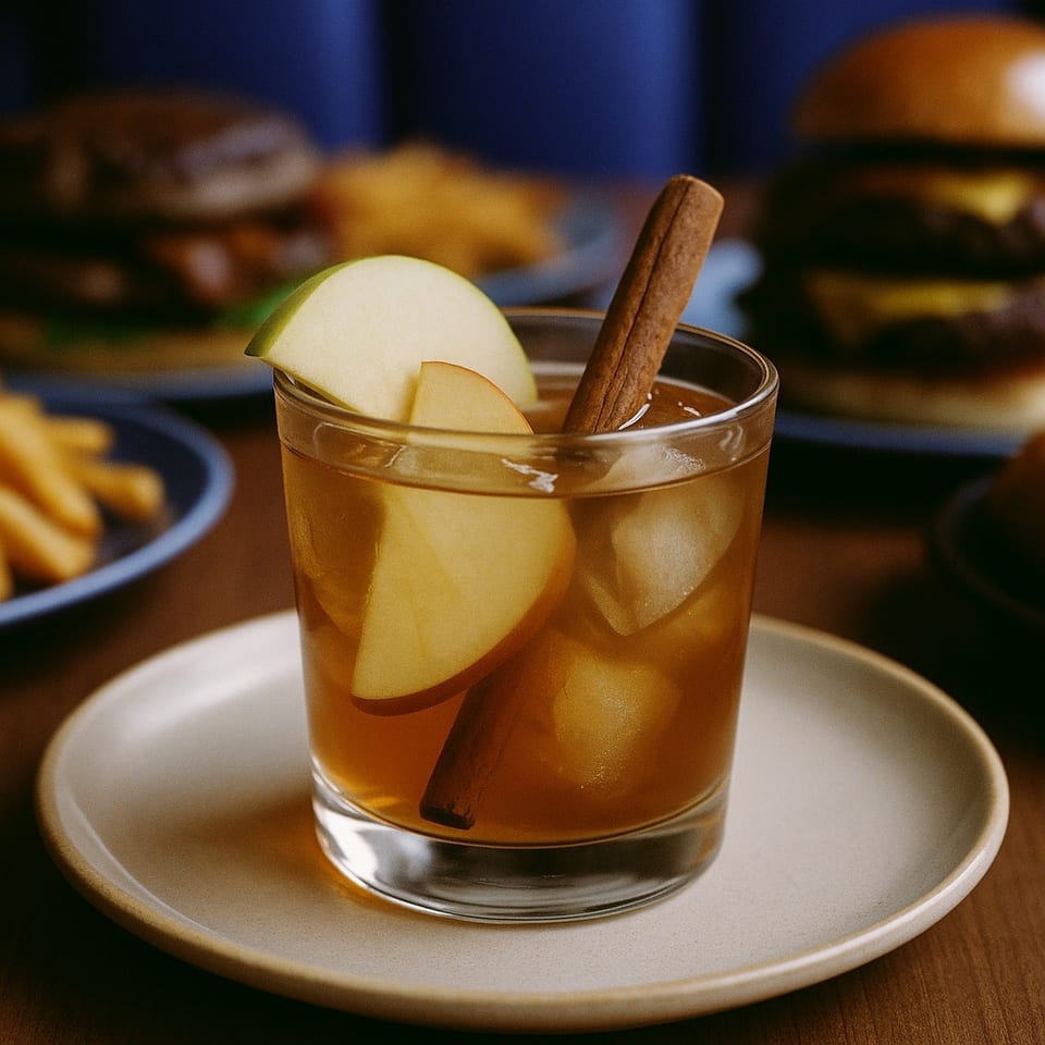 Apple cider cocktail with cinnamon stick and apple slices, with burgers and fries in the background.