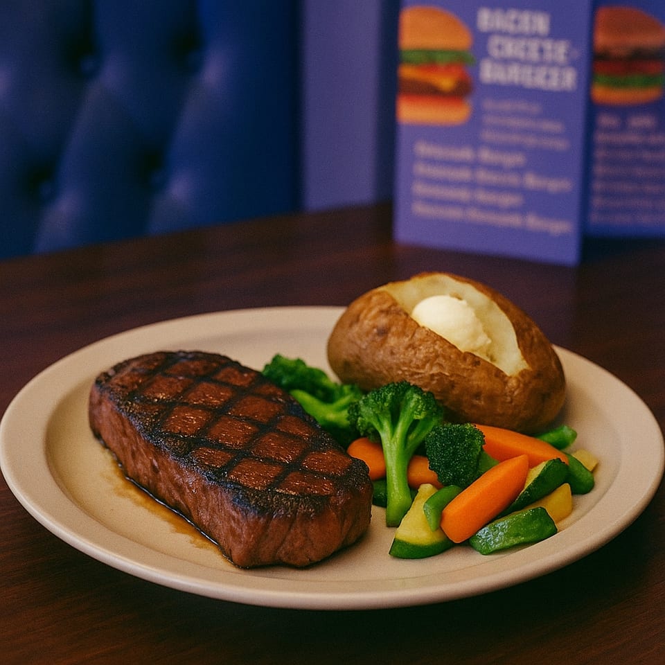 Grilled steak with a baked potato, broccoli, carrots, and zucchini on a white plate.